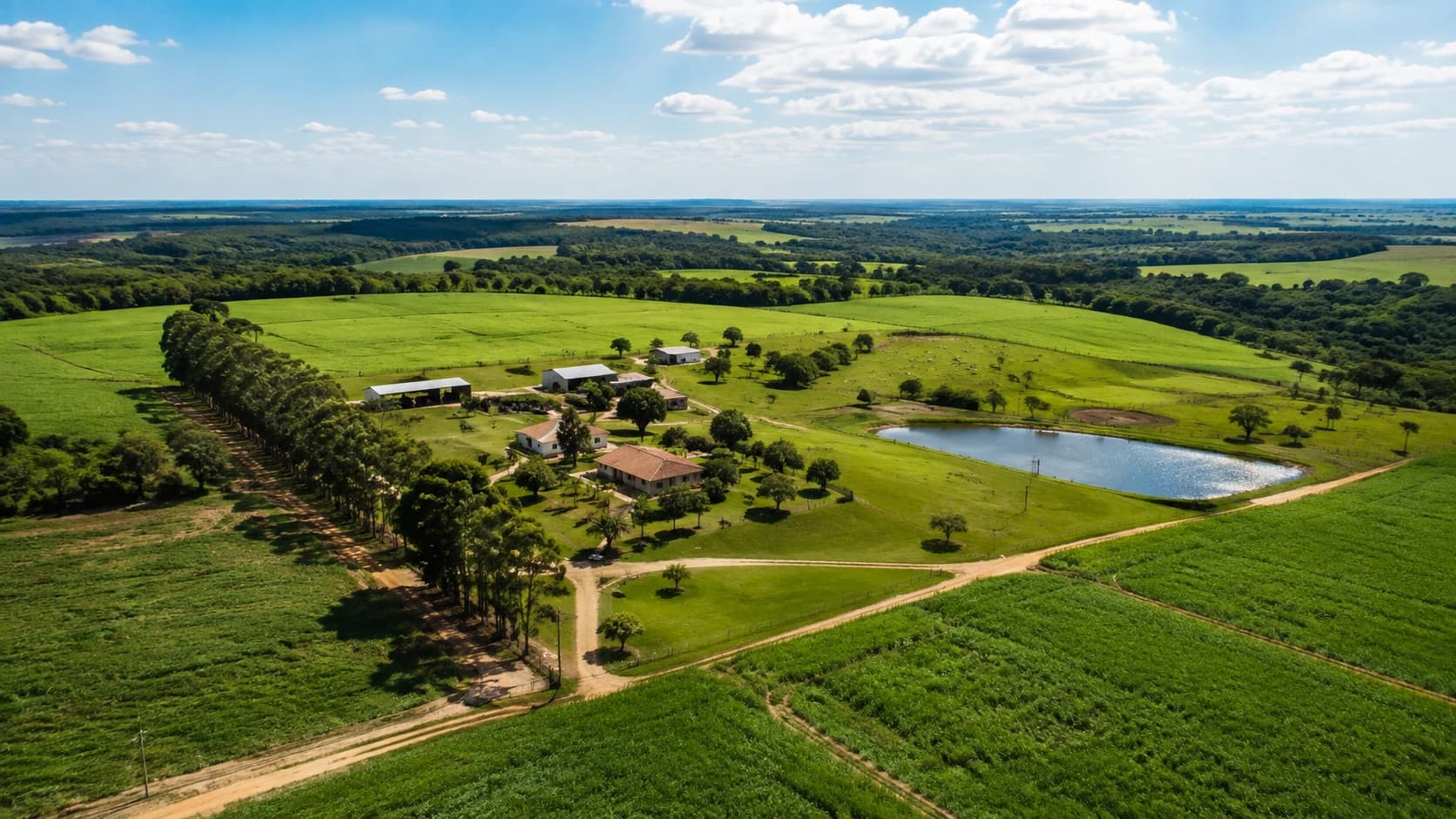 Vista aérea de fazenda produtiva representando cuidados na compra de imóvel rural em Mato Grosso